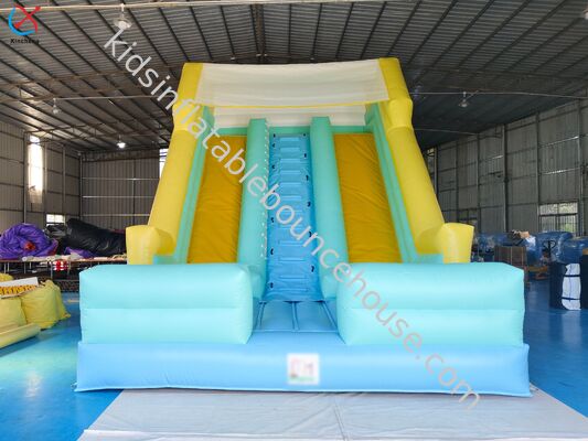 منزلق قابل للنفخ تجاري، منزلقات مزدوجة، ألوان ماكرون أزرق وأصفر للاستخدام الخارجي